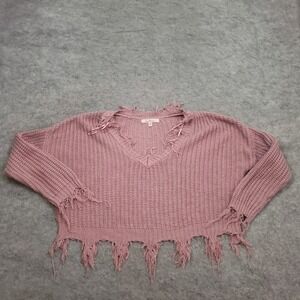 Love Tree Sweater‎ Womens M Medium Pink Long Sleeve Cropped Knit V-neck Fringe
